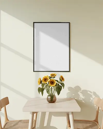 Modern Interior With Wooden Chairs Table Sunflowers And Poster Mockup