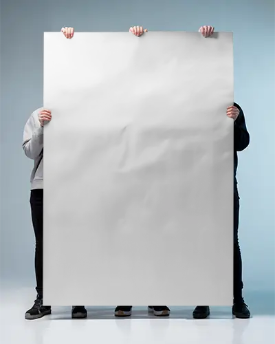 Three People Holding Large Blank Poster Mockup For Advertising Promotion Use