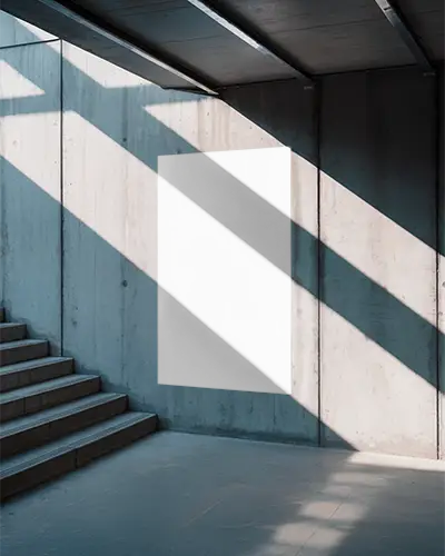 Blank Poster Mockup On Textured Wall With Diagonal Shadows From Staircase Railings