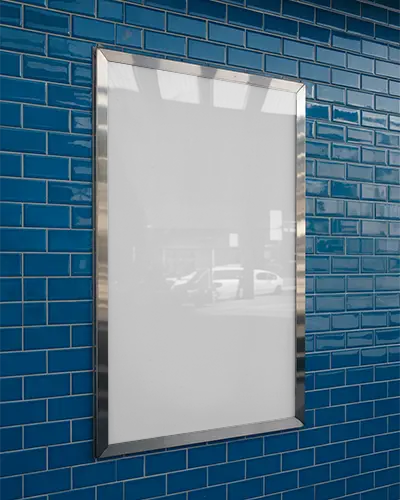 Urban Wall Mounted Poster Mockup With Metallic Frame And Reflective Surface