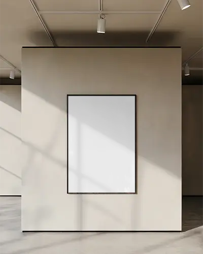 Minimalist Gallery Poster Mockup On Clean Vertical Wall Under Ceiling Track Lights