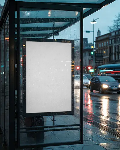Urban Bus Stop Poster Mockup With Rainy Weather And Cityscape Background