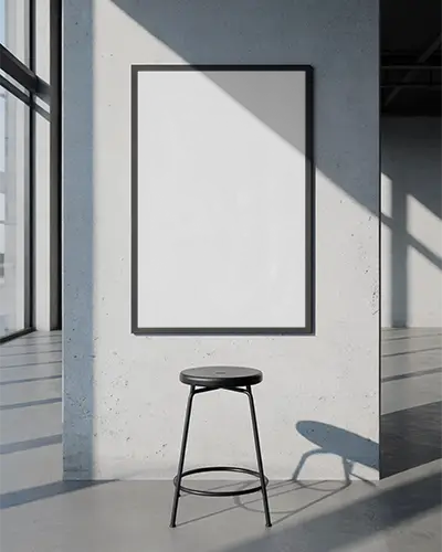 Blank Wall Poster Mockup In Contemporary Room Setting For Art Display Presentation