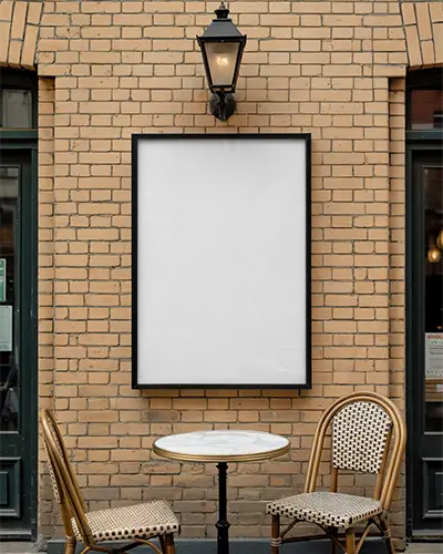 Outdoor Cafe Poster Mockup For Restaurant Promotion On Brick Wall Urban Setting