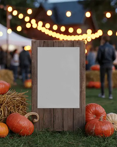 Outdoor Halloween Poster Mcokup With Pumpkins Straw And Blurred Background