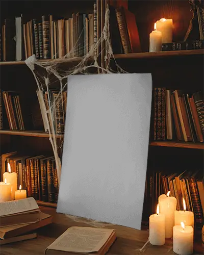 Haunted Library Halloween Poster Mockup With Candles Spooky Cobwebs And Old Books For Design