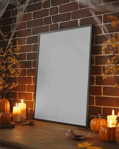 Halloween Poster Mockup On Brick Wall With Pumpkins Candles And Cobweb Decor