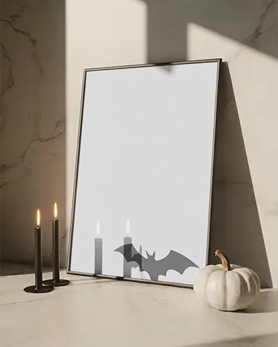 Halloween Poster Mockup With Bat Shadow On Minimal Marble Wall And Black Candles