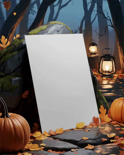 Spooky Halloween Poster Mockup With Lanterns And Pumpkins Autumn Leaves