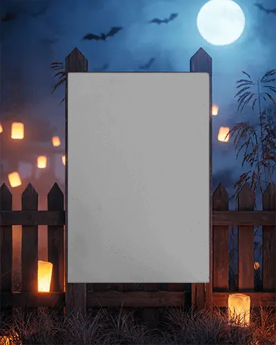 Haunted Backyard Halloween Poster Mockup Moonlit Scene Dark Fence Bats Glowing Lanterns
