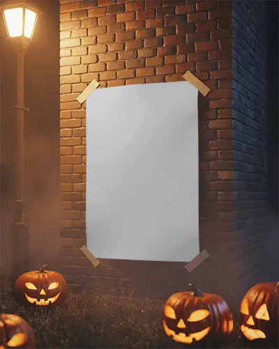 Scary Carved Pumpkin Lanterns In Grass With Poster Mockup On Brick Wall In Eerie Halloween Night