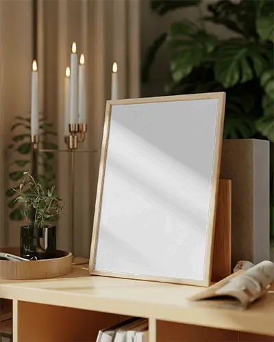 minimalist-wooden-poster-mockup-on-modern-table-with-candle-and-plant-decor