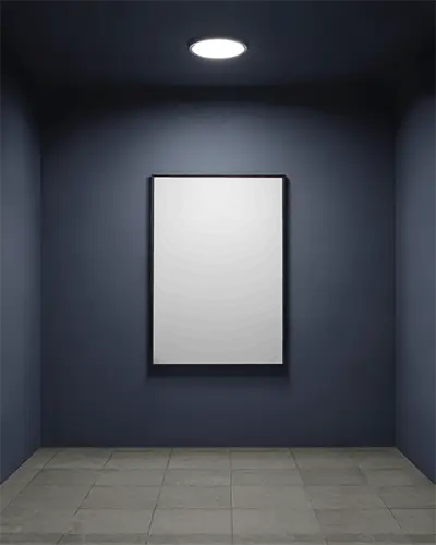 vertical-poster-frame-on-dark-textured-wall-in-modern-room-with-ceiling-light