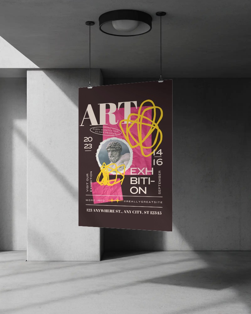 Modern Minimalist Poster Mockup Floating Hanging In Industrial Space With Natural Light