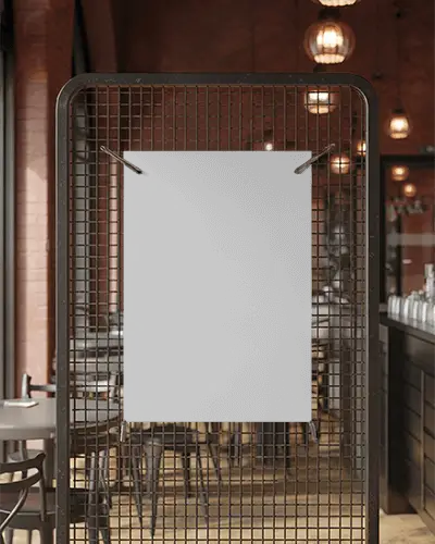 minimalistic-poster-mockup-on-industrial-grid-stand-inside-loft-style-dining-area-background