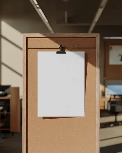 Minimal Cork Board Poster Mockup With Metal Clip And Ambient Light In Workspace