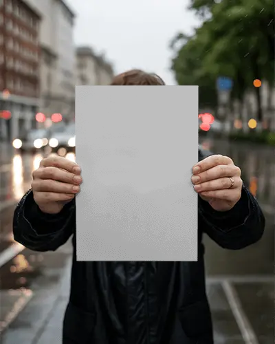 person-holding-blank-poster-mockup-outdoor-cityscape-background-rainy-day-scene