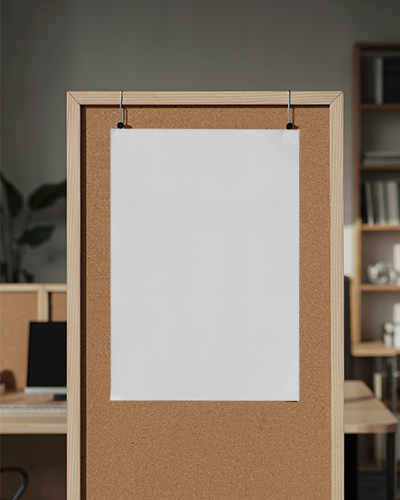 Blank Poster Mockup Hanging On Cork Board For Professional Office Presentation Use