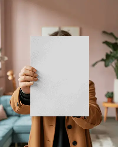 Person Holding Blank Poster Mockup In Cozy Modern Living Room Setting For Design