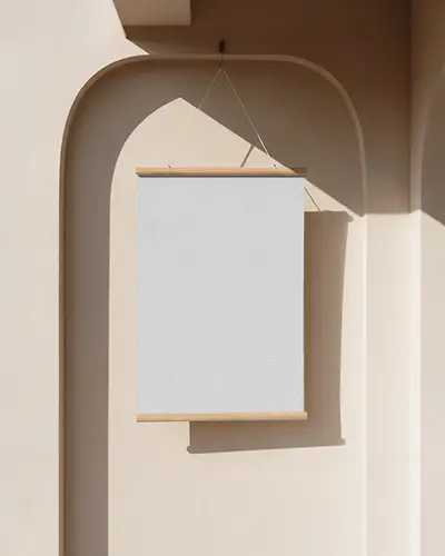 Vertical Paper Poster Mockup Hanging On String In Archway Wall Setting