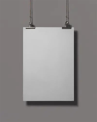 Hanging Paper Poster Mockup With Metal Clips On Smooth Wall For Showcase