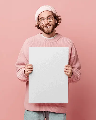 Cheerful Young Man Holding Blank Poster Urban Fashion Studio Background Mockup Template