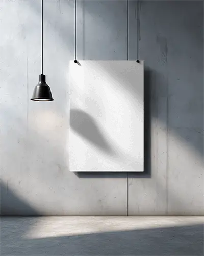Vertical Poster Mockup Hanging From Rope On Rough Concrete Wall Ambient Light Shadow Effect