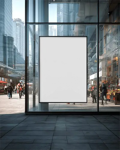Urban Glass Storefront Poster Mockup Blank Advertising Display For Brand Promotion