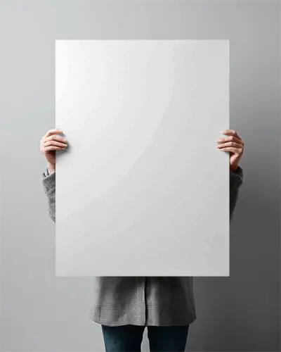 Person Holding Large Blank Poster Mockup Against Neutral Background For Design