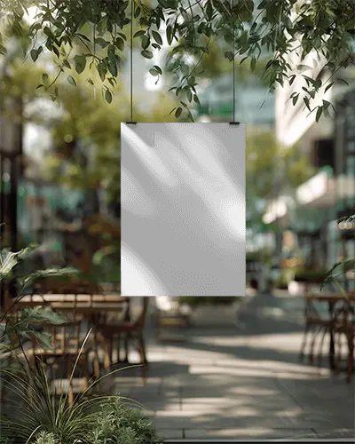 Realistic Street Side Poster Mockup With Transparent Background And Leafy Green Accents