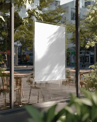 Modern Floating Poster Mockup With Reflection For Retail Window Branding And Marketing