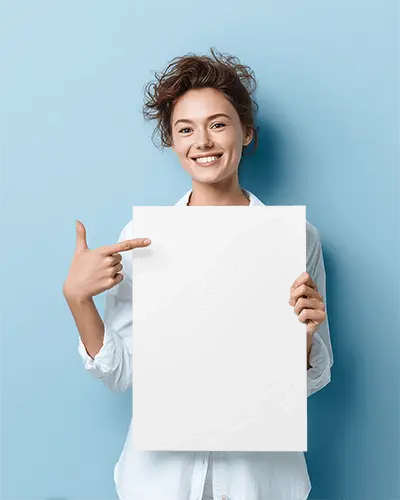 Cheerful Young Woman Holding Blank Poster Mockup For Promotional Materials