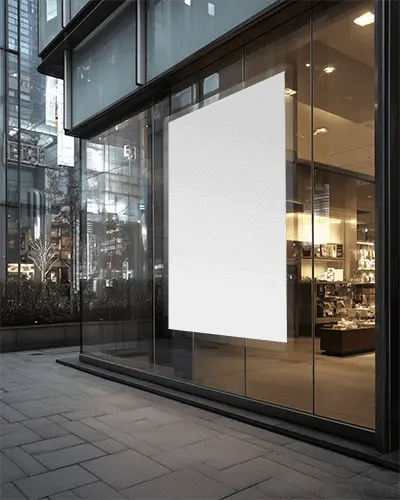 Large Blank Poster Mockup Hanging In Modern Glass Storefront Window Urban Street View
