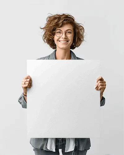 Smiling Woman Holding Blank Square Poster Mockup For Advertisement Or Promotion Use