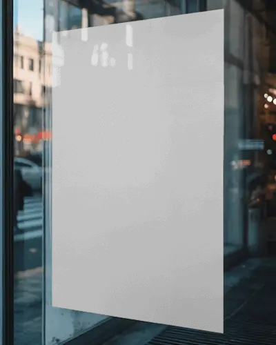 Vertical Poster Mockup Showcasing Clear Glass Window With Urban Cityscape Background