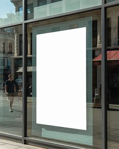 Urban Street Side Retail Store Window Showing Poster Mockup For Advertisement Display