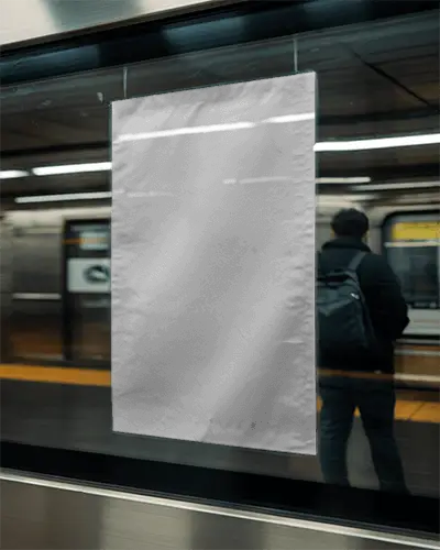 Vertical Poster Mockup On Subway Window For Public Transportation Advertising Campaigns