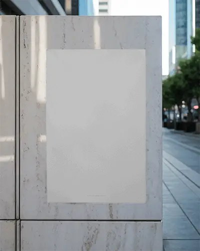 Urban Street Poster Mockup On Marble Wall At Modern Cityscape Background Design