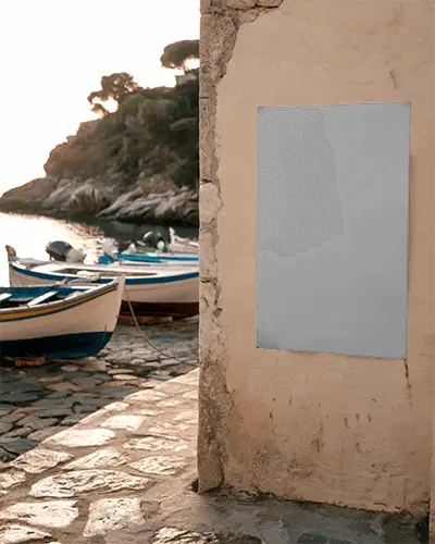 Coastal Poster Mockup Display On Textured Surface Next To Waterfront Pathway With Anchored Boats