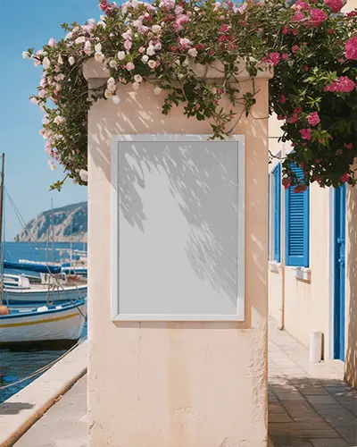 Coastal Poster Mockup Outdoor Wall With Floral Vines And Scenic Harbor Background View