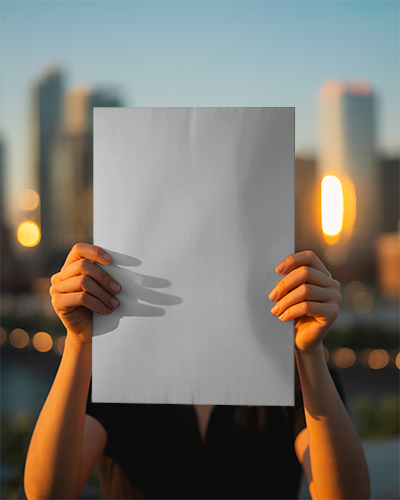 Person Holding Blank Poster Mockup Cityscape Background Evening Lighting