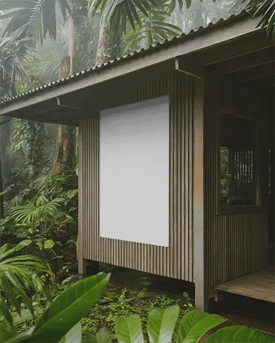 Outdoor Poster Mockup Attached To Corrugated Wooden Wall With Jungle Leaves Background