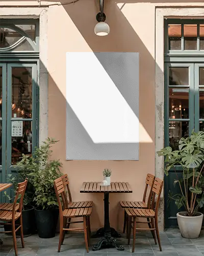 Outdoor Cafe Dining Area With Poster Mockup On Wall For Advertising Display