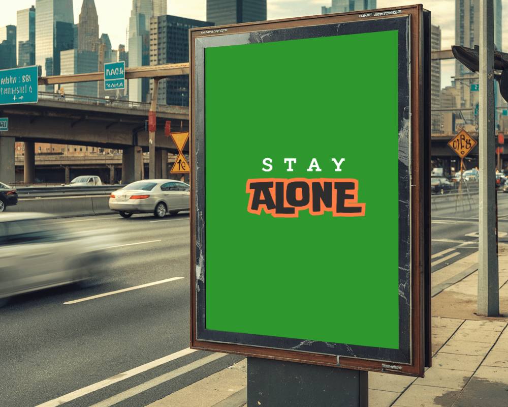 City Street Poster Mockup On Busy Urban Road With Skyscrapers And Traffic Background