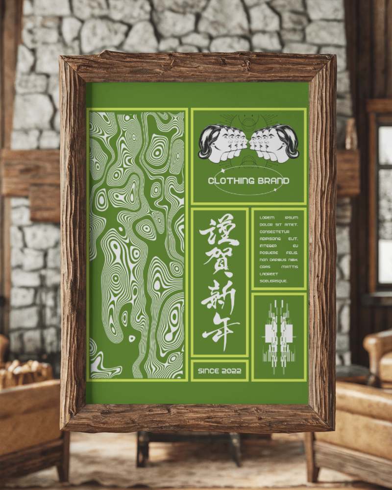 Rustic Poster Mockup In Wooden Frame On Stone Wall With Cozy Log Cabin Setting