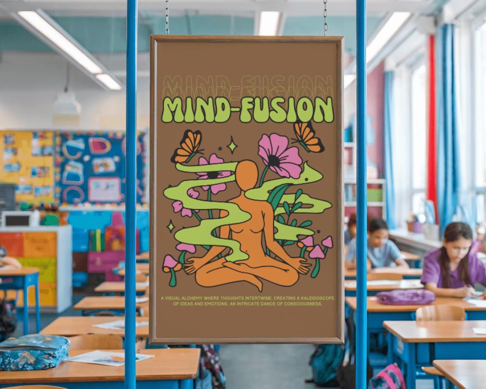 Hanging Poster Mockup In Classroom With Blue Frames And Students Working In Background