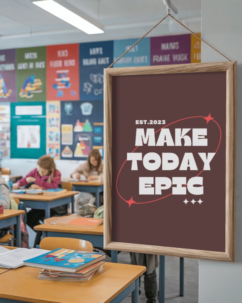 Classroom Poster Mockup In Wooden Frame With Children Studying In Colorful Classroom Background