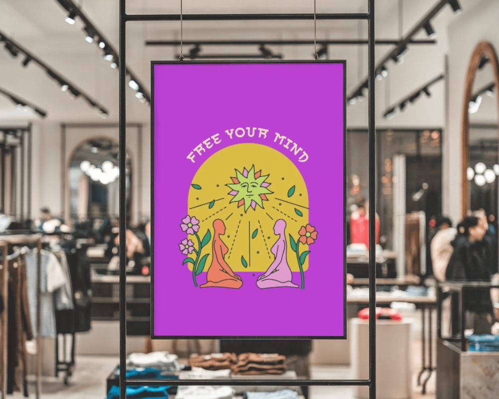 Shopping Mall Poster Mockup Hanging In Fashion Store With Clothing Racks And Spotlights