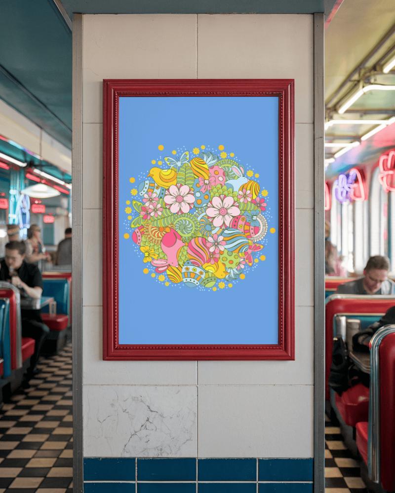 Retro Diner Poster Mockup With Red Frame On Wall In Vintage Diner Setting With Booths