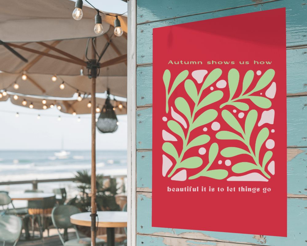 Coastal Cafe Poster Mockup On Rustic Wall With String Lights And Ocean View